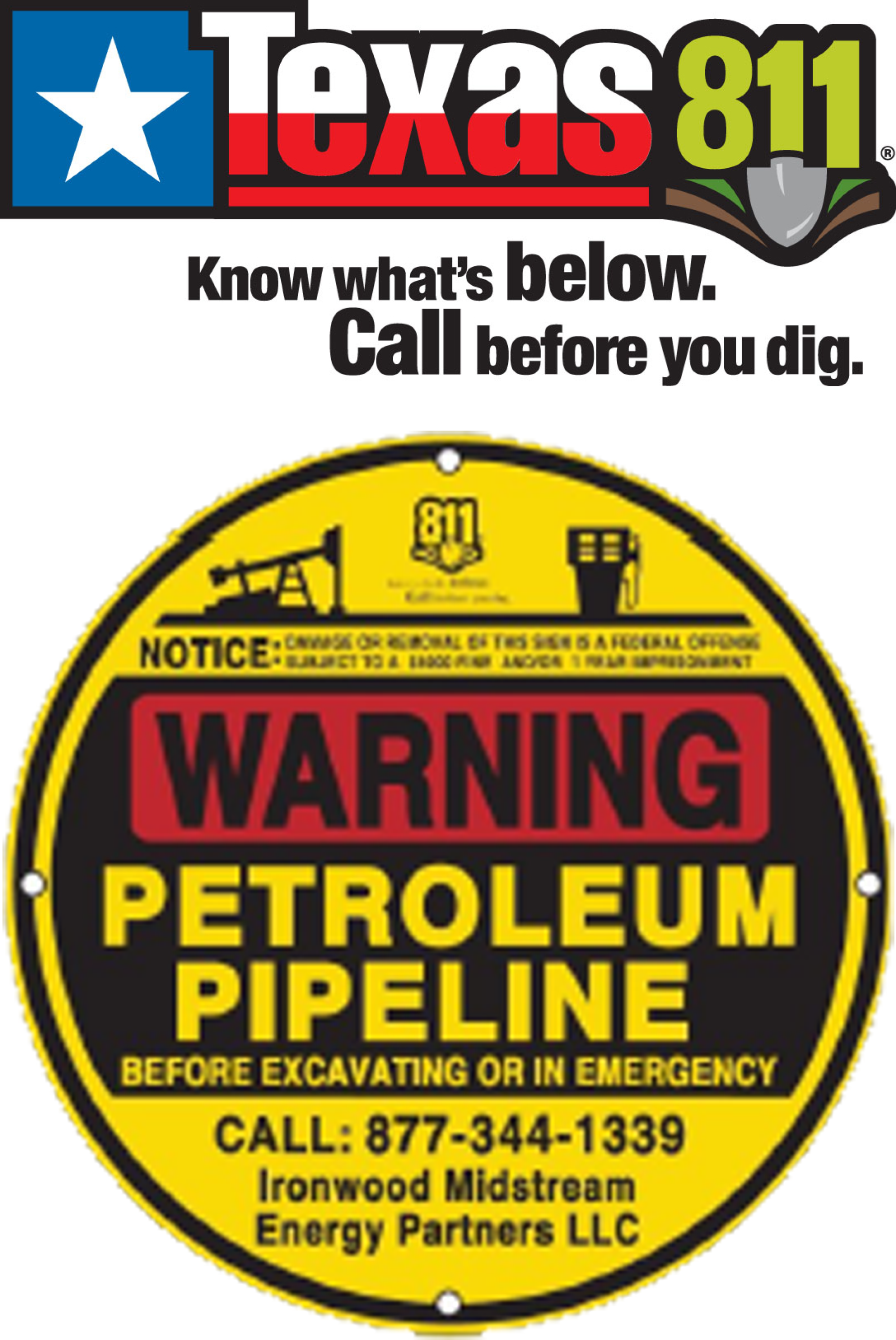 Texas 811 and pipeline warning badge